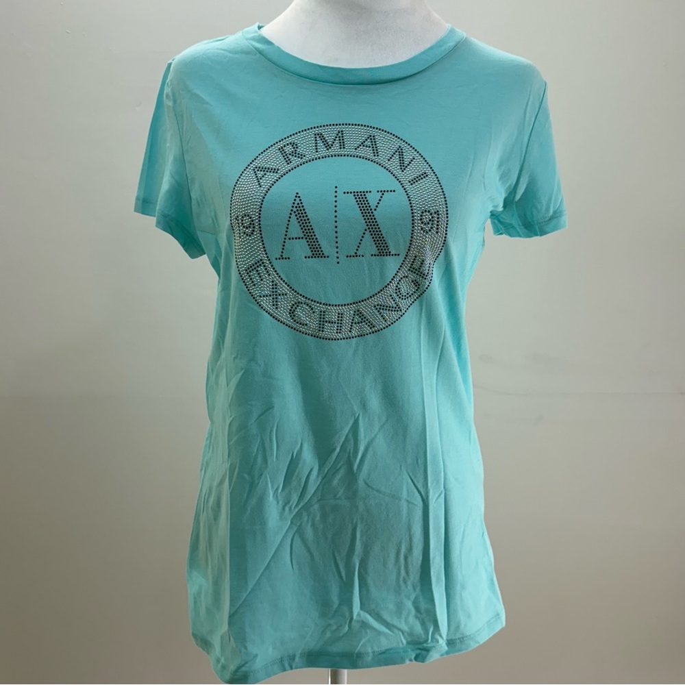 💎 Armani Exchange Aqua Blue Rhinestone Logo Tee (NWT) - Picture 14 of 14